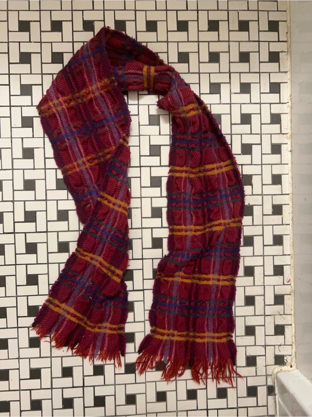 V. FRAAS Burgundy Plaid Fringe Scarf with Mustard and Navy Stripes 30% wool